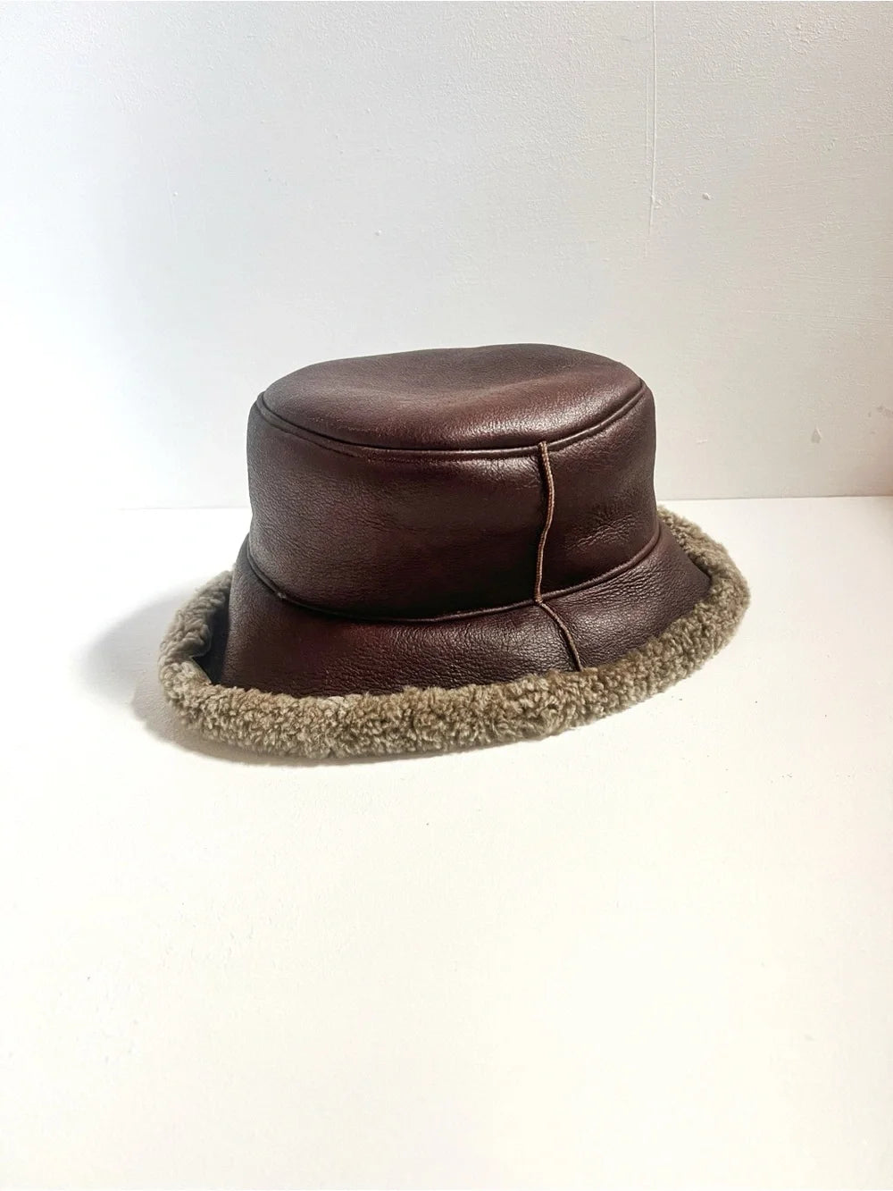 Vintage | Brown Leather Bucket Hat with Shearling Trim