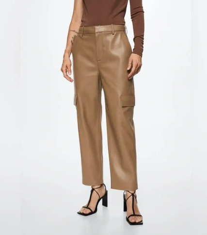 Mango | Beige Leather Effect Trousers