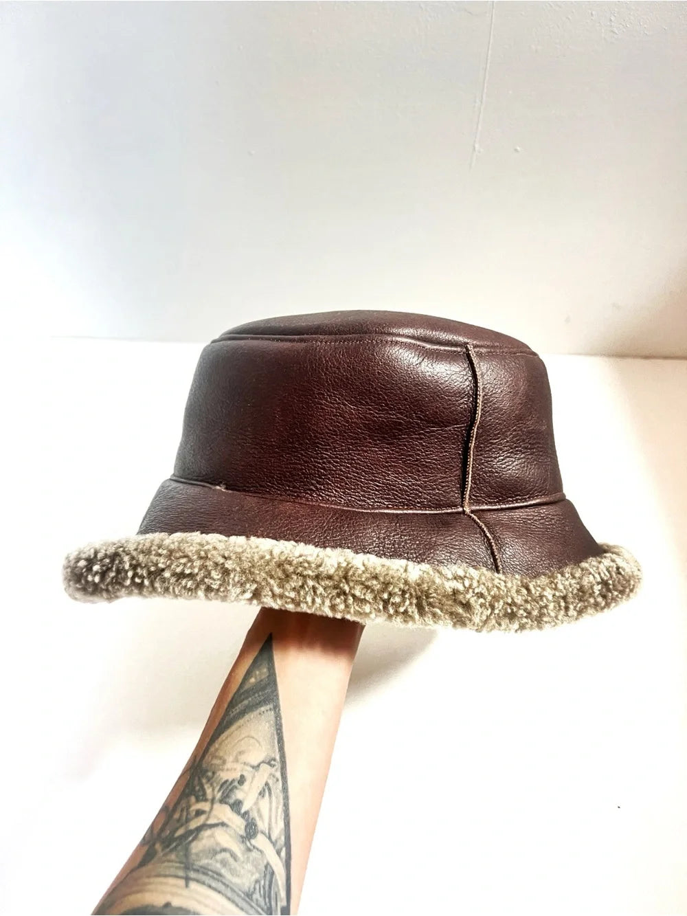 Vintage | Brown Leather Bucket Hat with Shearling Trim