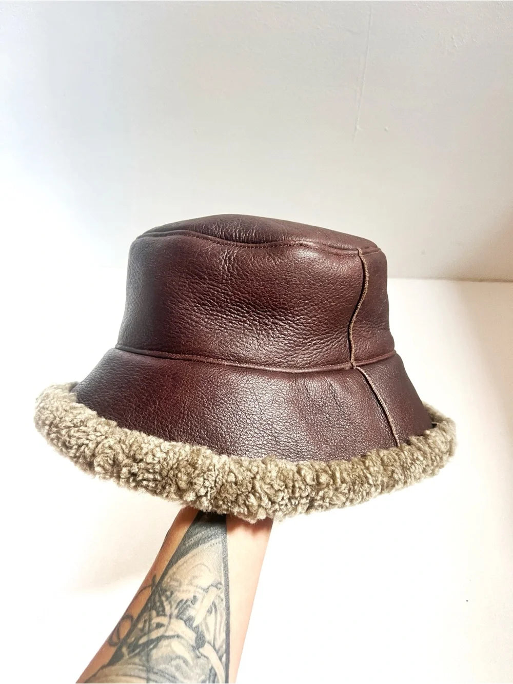 Vintage | Brown Leather Bucket Hat with Shearling Trim