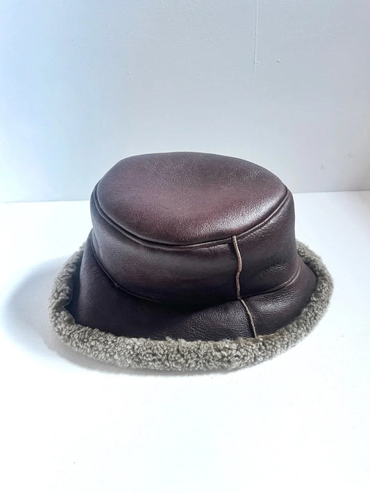 Vintage | Brown Leather Bucket Hat with Shearling Trim