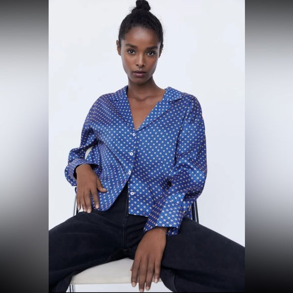 Zara | Blue Printed Crop Blouse